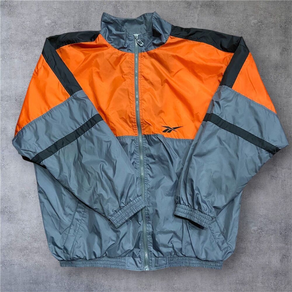 Reebok Vintage 90s Color Block Orange Gray Black Windbreaker Jacket Men's XXL